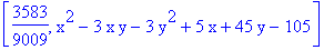 [3583/9009, x^2-3*x*y-3*y^2+5*x+45*y-105]